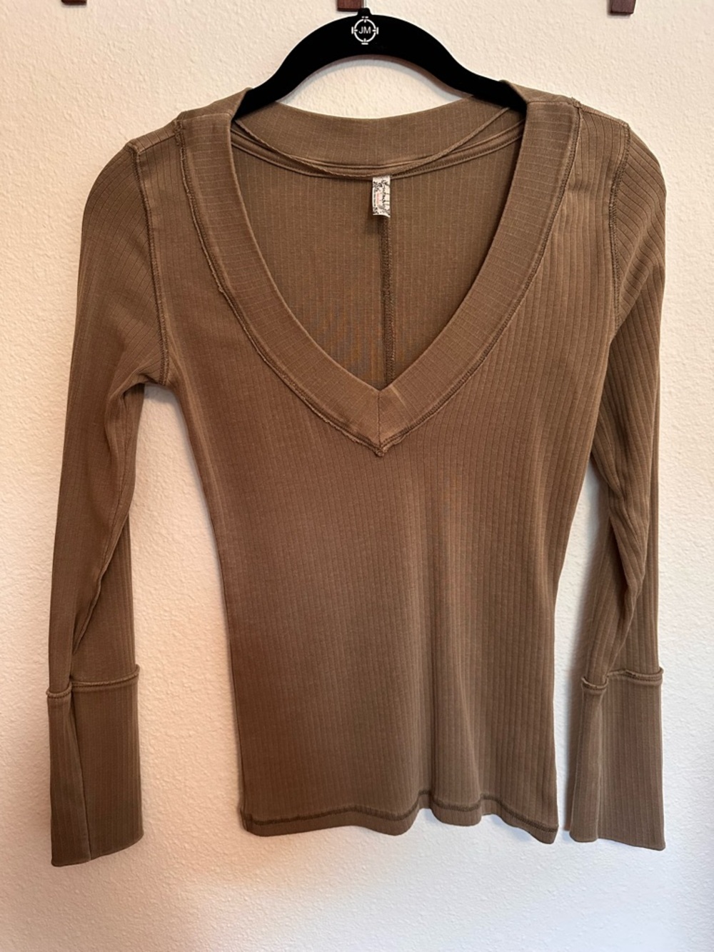 Free People Olive Ribbed V-Neck Long Sleeve Top